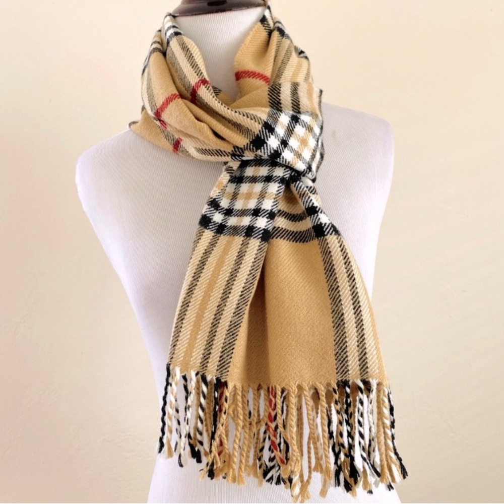 TAN PLAID SCARF WINTER  WRAP ACRYLIC